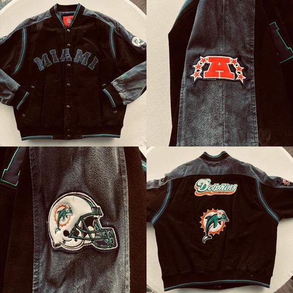 Vintage Miami Dolphins Leather Jacket XXL‎ – Retro Logo Back – Snap Zip Front